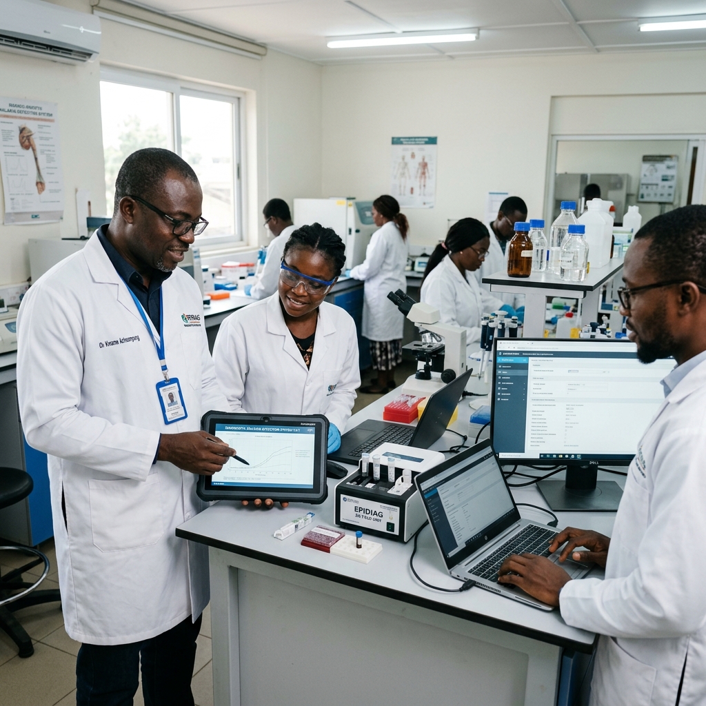 Abbe Labs founder and medical laboratory collaborators evaluating diagnostic technology in a clinical laboratory.
