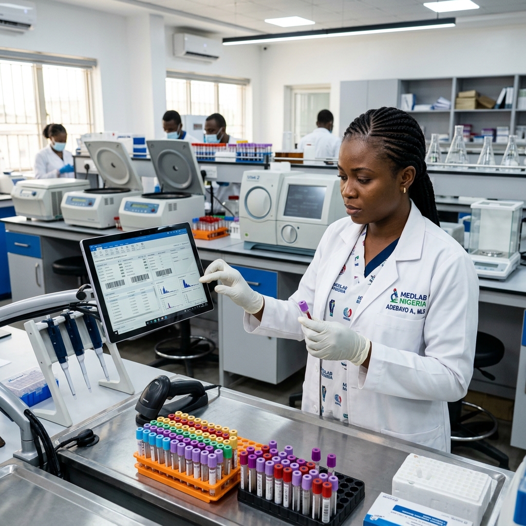 African medical laboratory scientist working at a diagnostic bench with computer and sample tubes.