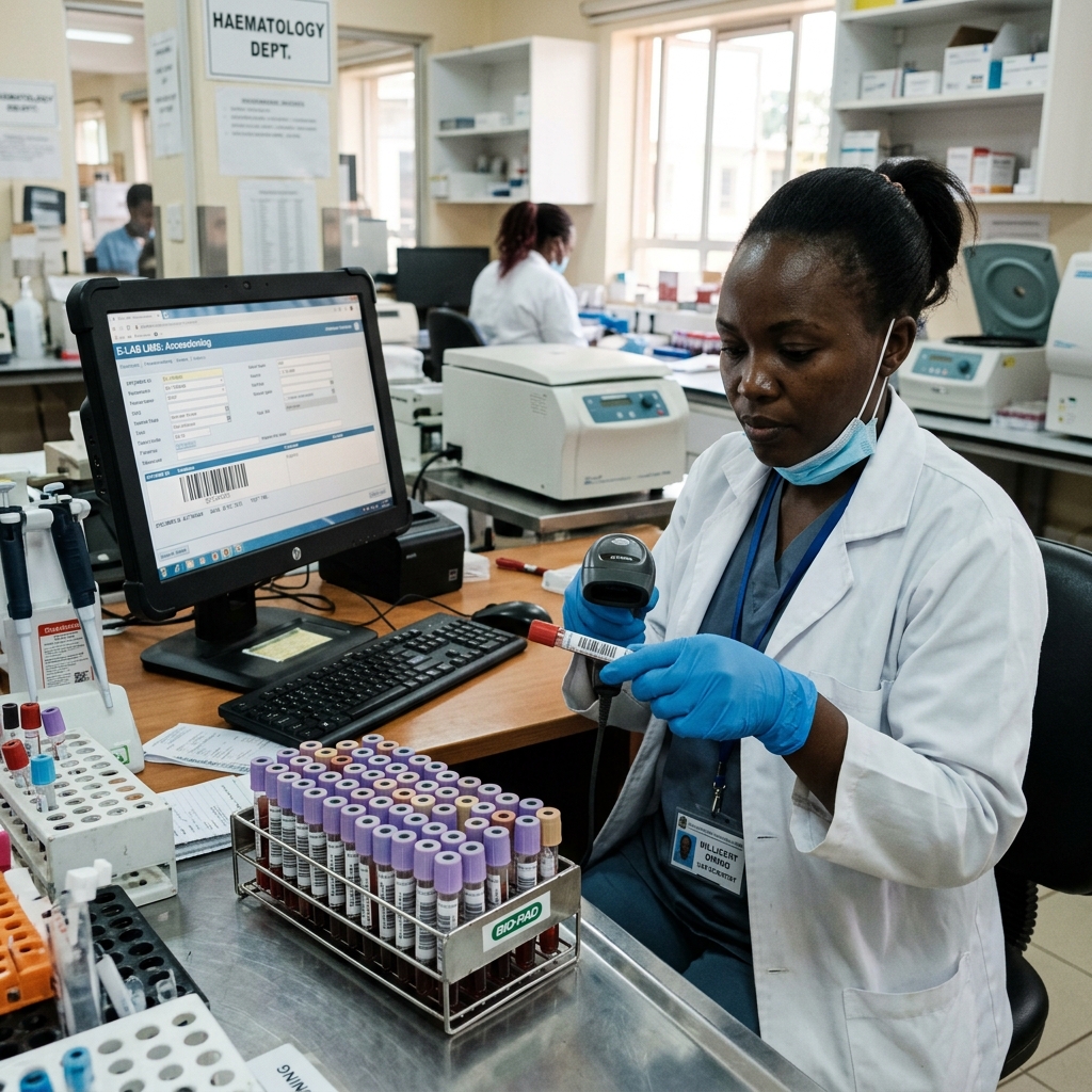 Medical laboratory technician accessioning barcoded specimen tubes and logging observation data.